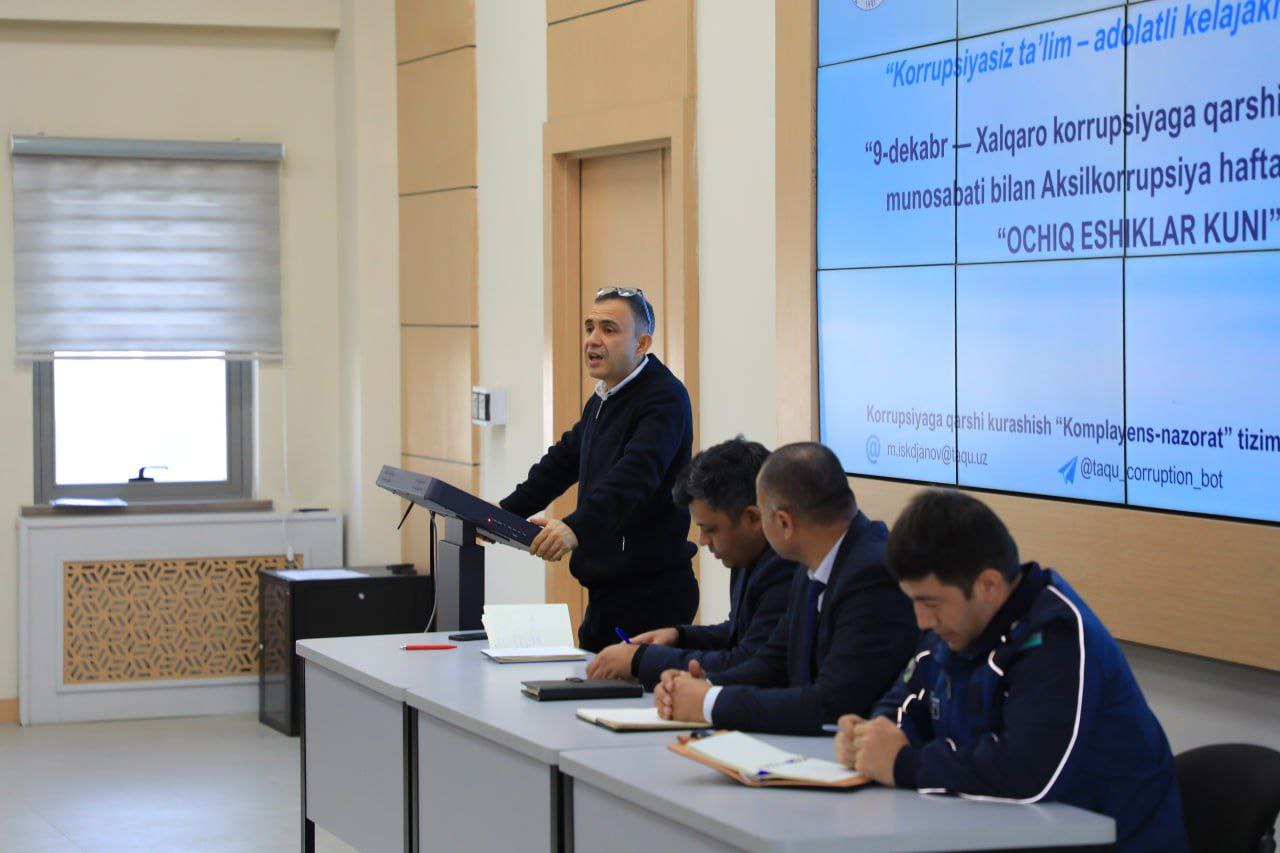 Toshkent arxitektura-qurilish universitetida Aksilkorrupsiya oyligi doirasida “Korrupsiyasiz ta’lim — adolatli kelajak kafolati!” shiori ostida “OCHIQ ESHIKLAR KUNI” tadbiri o‘tkazildi